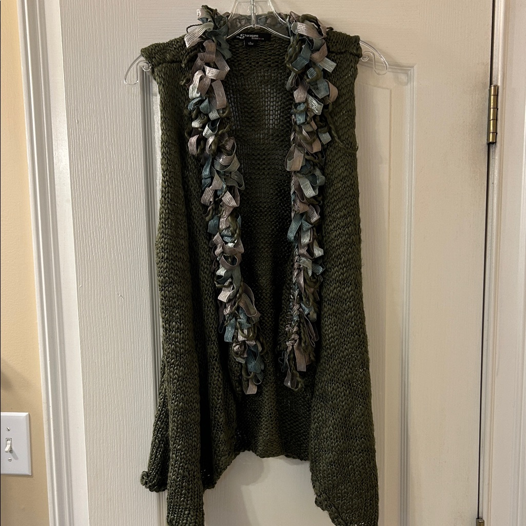 Sharagano Forest Green Cardigan With Ruffle Detail